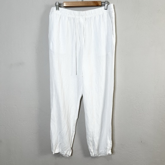 H&M Linen Blend Pants White Cropped Drawstring Beach Vacation Size Large - Picture 1 of 13